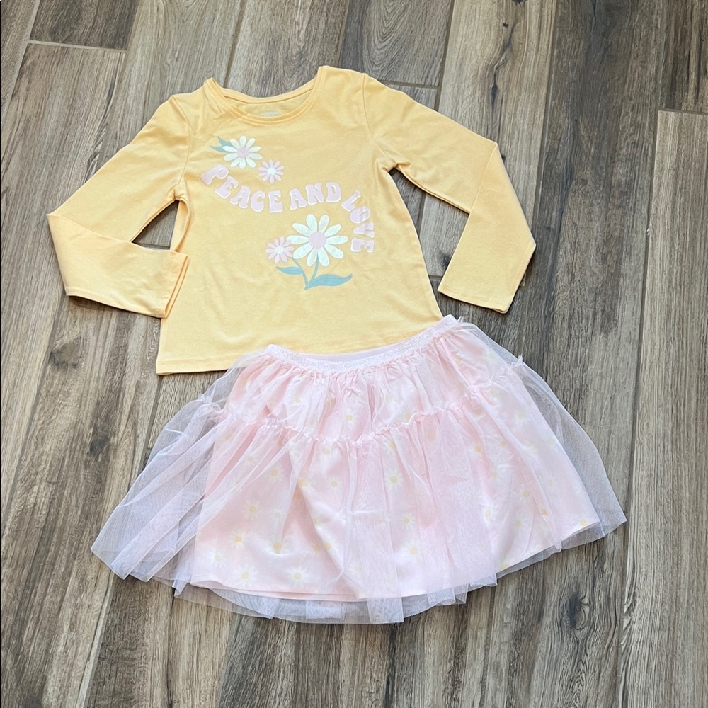 Yellow Peace and Love Top with Pink Floral Tutu Tulle Skirt